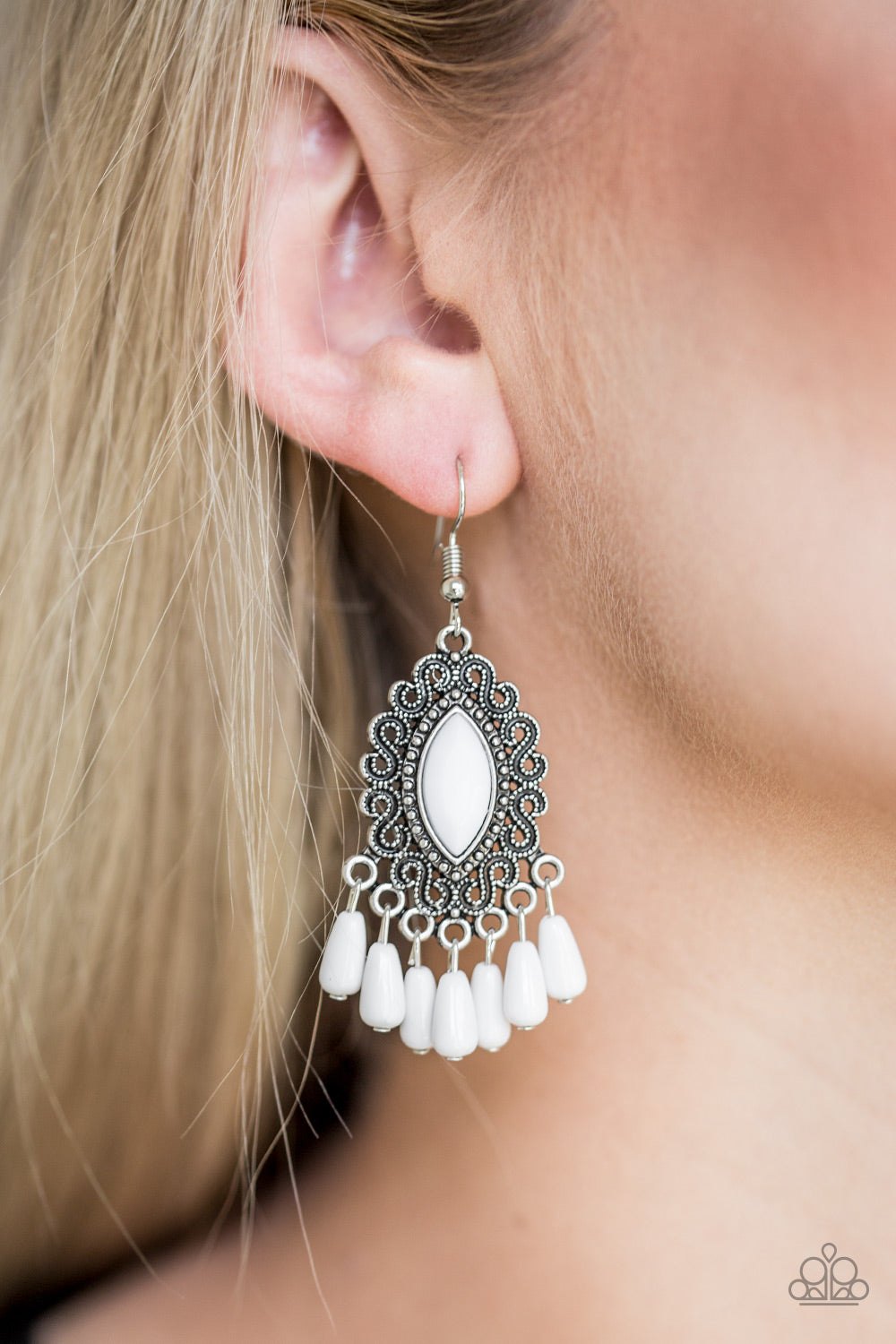 Open Door Jewelry - Private Villa - White Earrings - Paparazzi Accessories