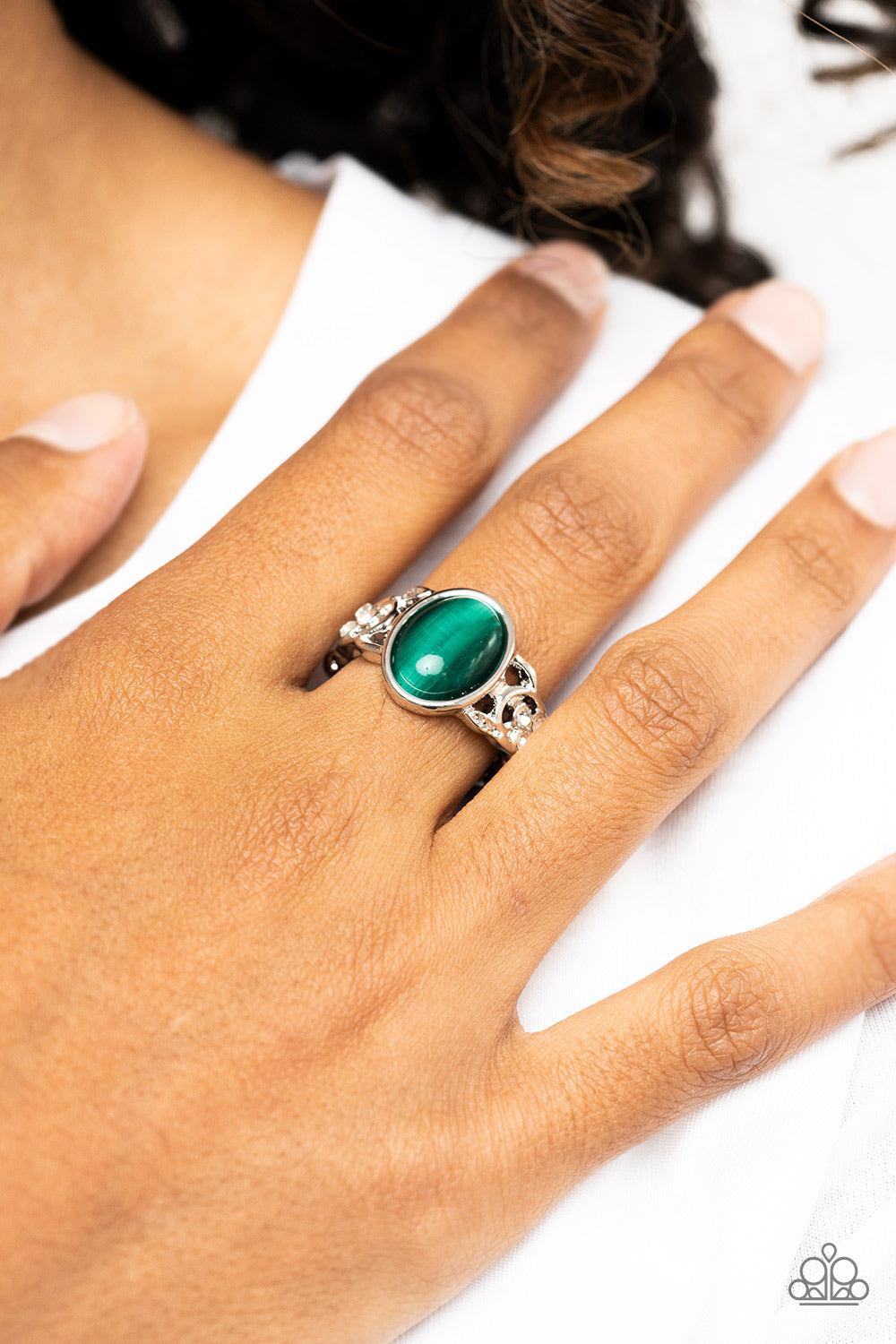 Open Door Jewelry - Crystals and Cats Eye - Green Ring - Paparazzi Accessories
